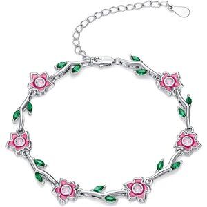 Women’s Peach Blossom Sterling Silver Birth Flower Bracelet with Agate, 9.5-inch